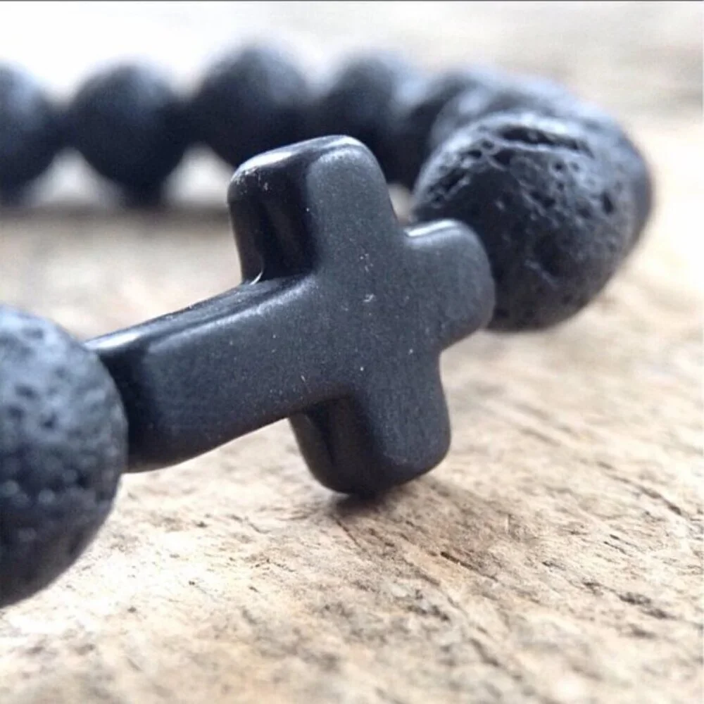 Black Cross Lava Stone Bead Bracelet 8mm beads - Size 8 inches